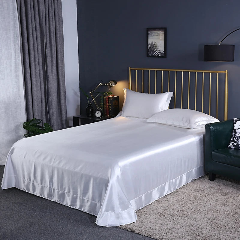 Luxury Mulberry Silk Bed Sheets and Pillow Cases Set Queen King Size Solid Satin Flat Bed Sheet Set European Soft Double Bedding