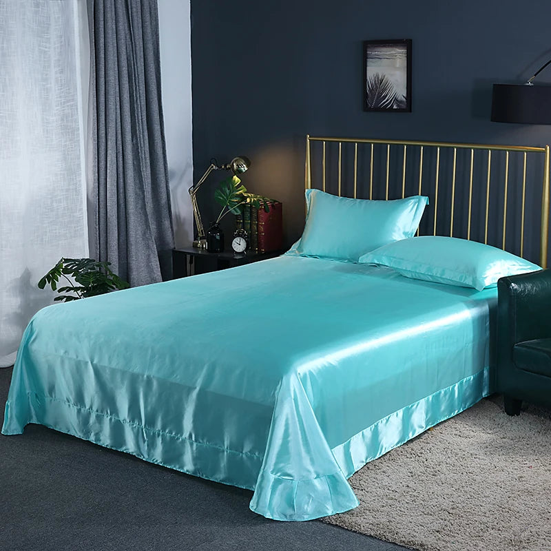 Luxury Mulberry Silk Bed Sheets and Pillow Cases Set Queen King Size Solid Satin Flat Bed Sheet Set European Soft Double Bedding