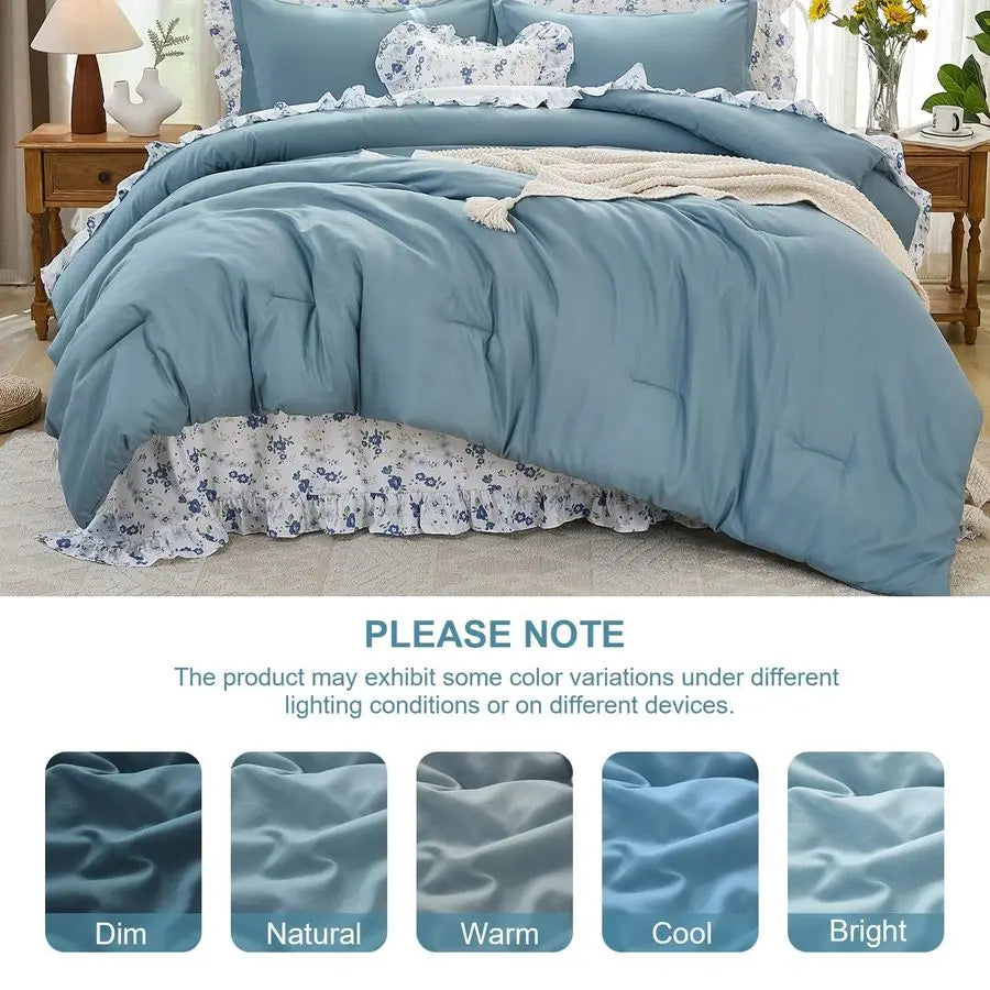 Queen Comforter Set, 8 Pieces Ruffle Blue Bed in a Bag Queen, Farmhouse Bedding Set Queen Size with Ruffle Comforter, Ruffle Flo