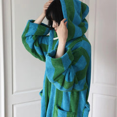 Retro Striped Female Hooded Bathrobe Terry Towel Long Robe Sleepwear