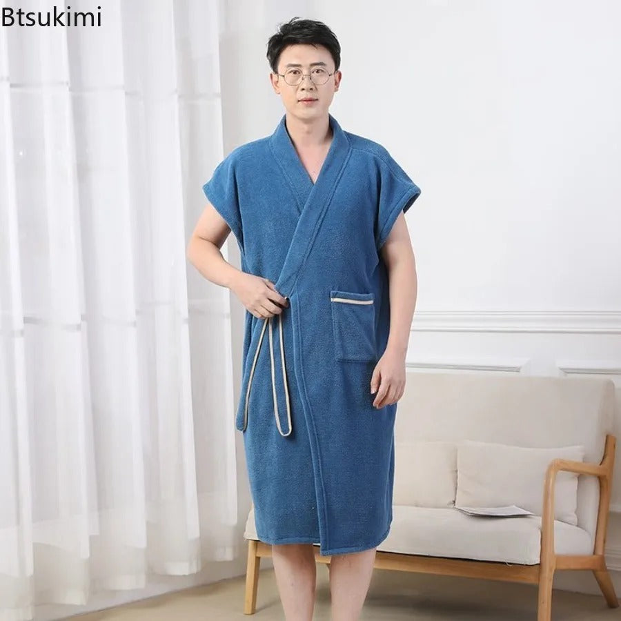 Men's Bathrobe Summer Cuffless Belt Pocket Bathrobe for Men