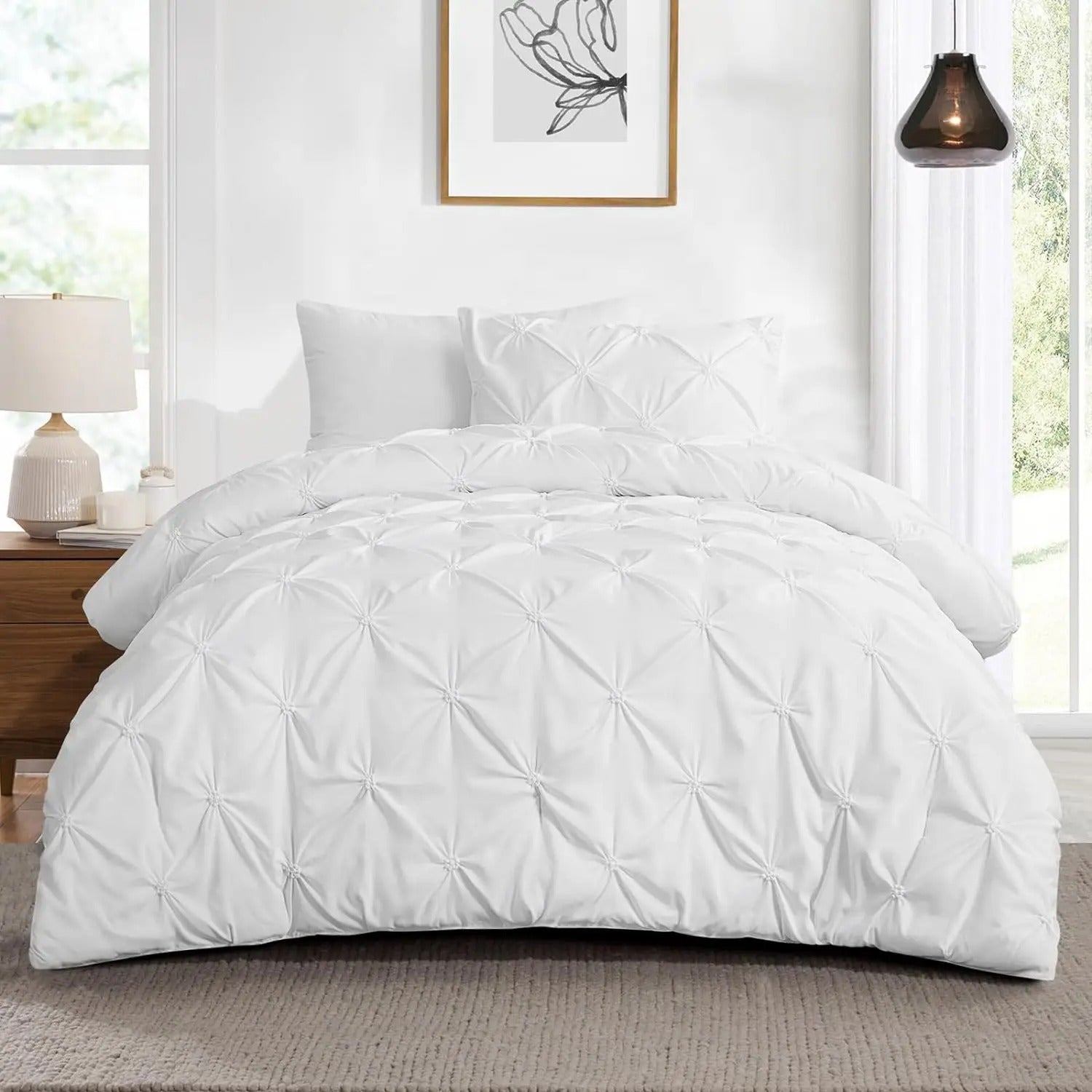 Battilo Pinch Pleated Duvet Cover Set Solid Quilt Cover with 2PCS Pillowcases