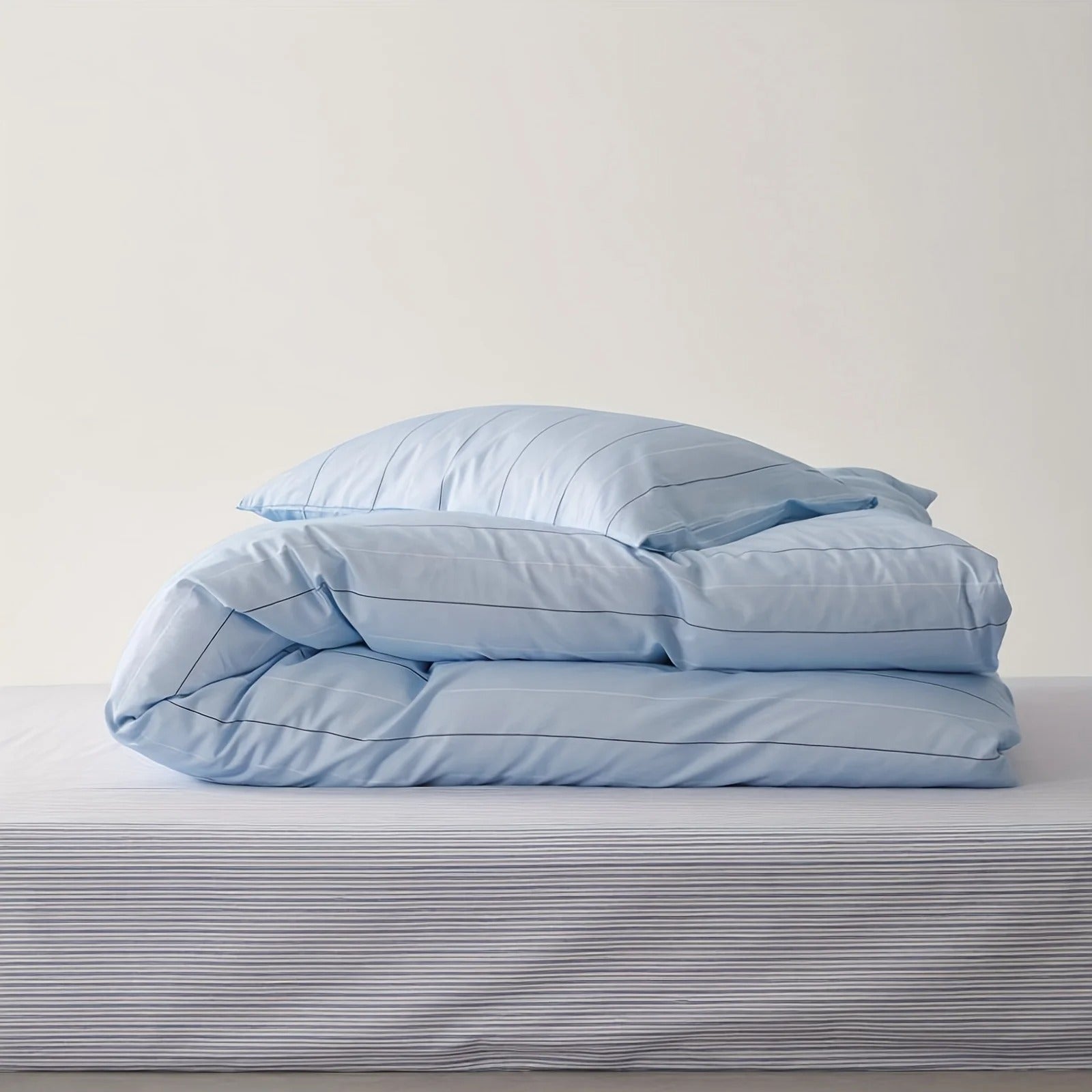 All-Cotton Light Blue Nordic Minimalist Style Line Print Duvet Cover Three-Piece Set