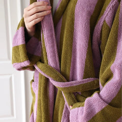 Retro Striped Female Hooded Bathrobe Terry Towel Long Robe Sleepwear