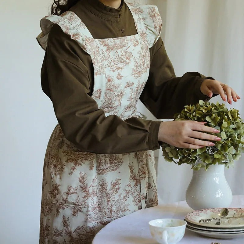 Long Print Water-resistant Cotton Ruffled Kitchen Apron with Pockets