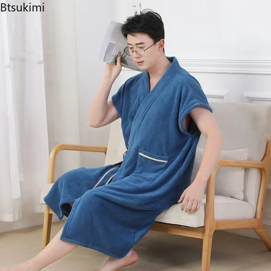 Men's Bathrobe Summer Cuffless Belt Pocket Bathrobe for Men