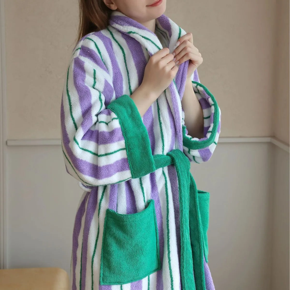 Retro Plaid 100% Cotton Bathrobe Super Soft Absortion Hooded Bathrobe