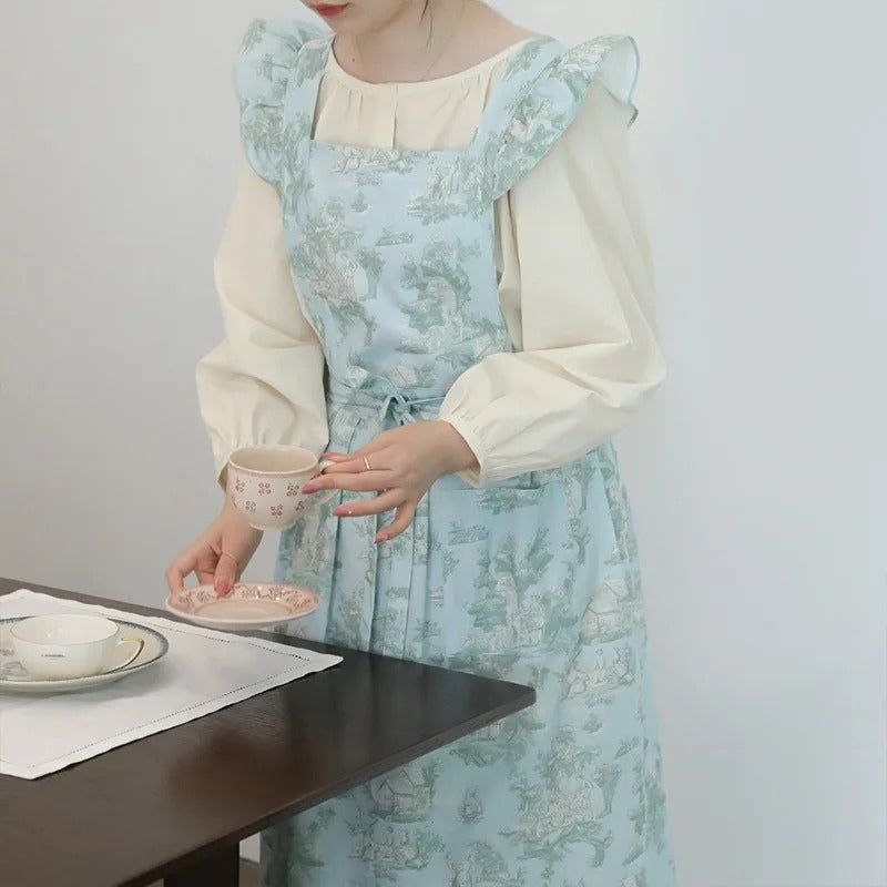 Long Print Water-resistant Cotton Ruffled Kitchen Apron with Pockets