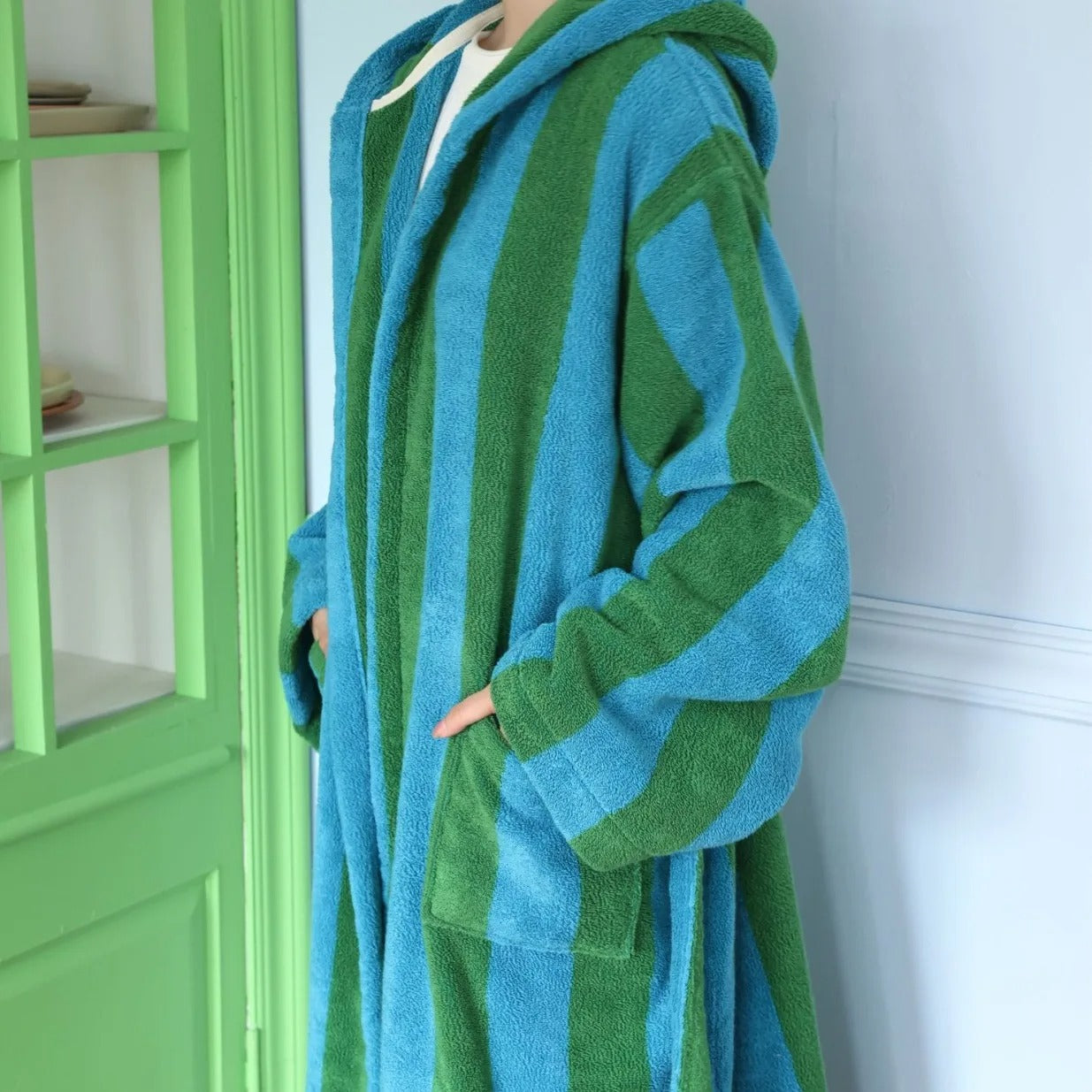 Retro Striped Female Hooded Bathrobe Terry Towel Long Robe Sleepwear