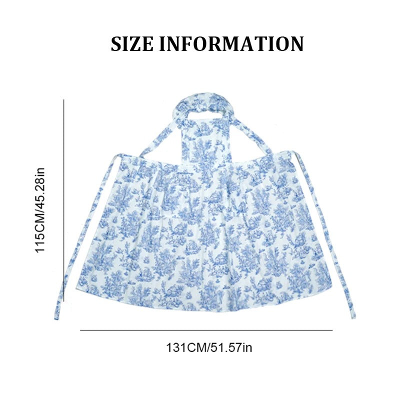 Long Print Water-resistant Cotton Ruffled Kitchen Apron with Pockets