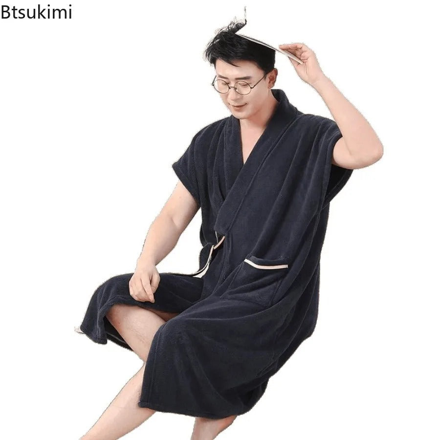 Men's Bathrobe Summer Cuffless Belt Pocket Bathrobe for Men