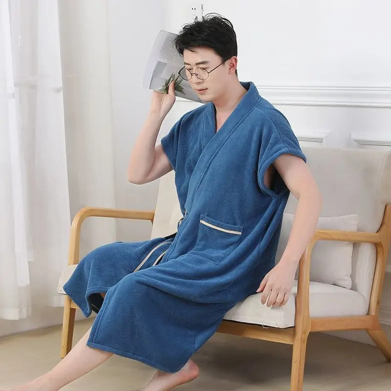 Men's Bathrobe Summer Cuffless Belt Pocket Bathrobe for Men