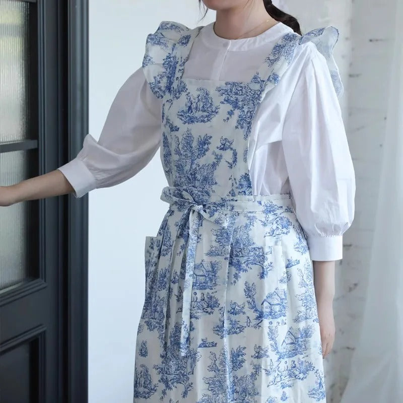 Long Print Water-resistant Cotton Ruffled Kitchen Apron with Pockets