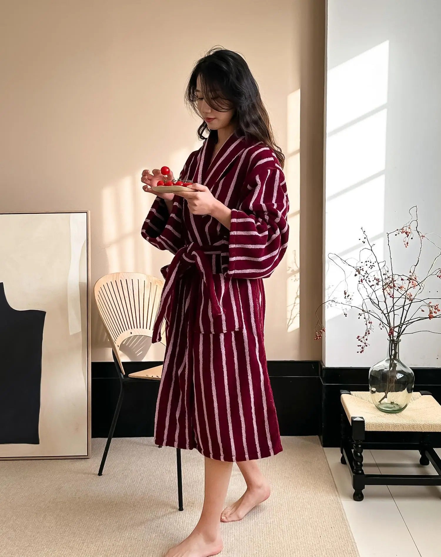 Retro Plaid 100% Cotton Bathrobe Super Soft Absortion Hooded Bathrobe